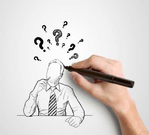 Hand-drawn businessman with question mark over head